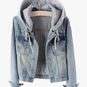 Women’s Light Blue Denim Jacket with Gray Hood